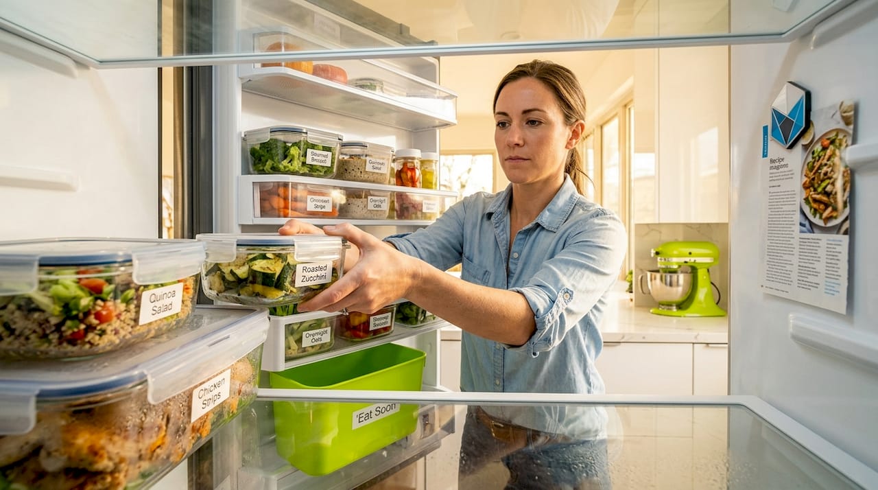 How to Reduce Food Waste at Home Effectively 2 Woman organizing labeled fridge food zones