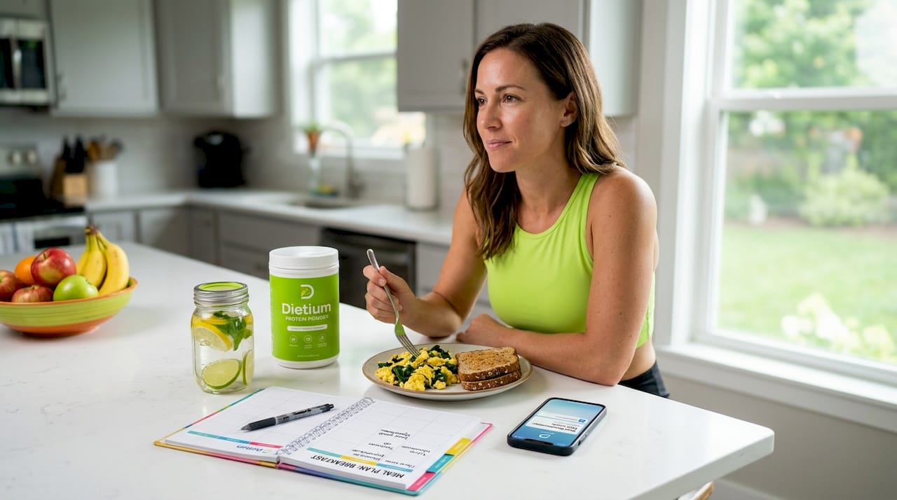 Maintaining Muscle Mass: Strategies That Actually Work 1 Woman eating high-protein breakfast in kitchen
