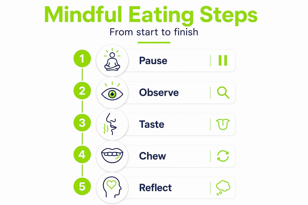 Mindful Eating Exercises That Actually Change Your Habits 2 Infographic outlining steps of mindful eating process