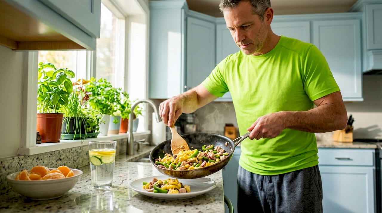 High Protein Breakfast Ideas for Weight Loss That Work 1 Man making egg scramble protein breakfast