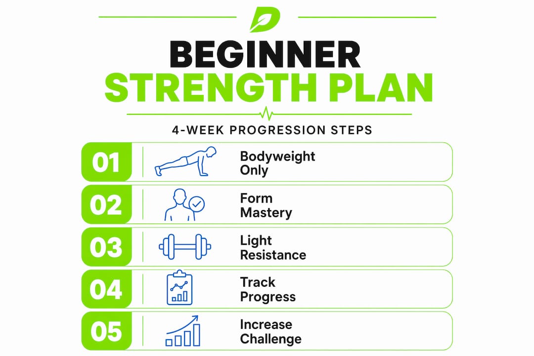 Strength Training for Beginners: Build Real Results Fast 2 Infographic showing 4-week beginner strength plan steps