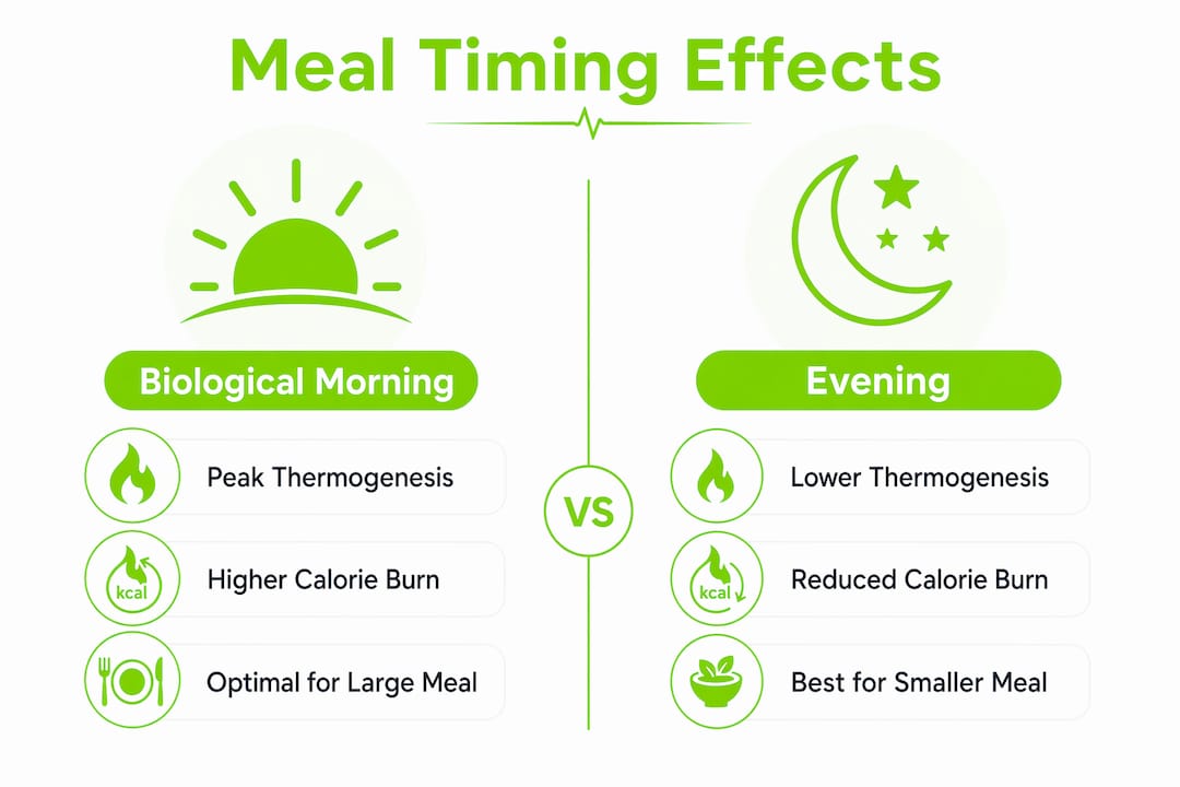 Meal Frequency and Metabolism: What the Science Actually Says 1 Infographic comparing morning versus evening meal metabolic effects