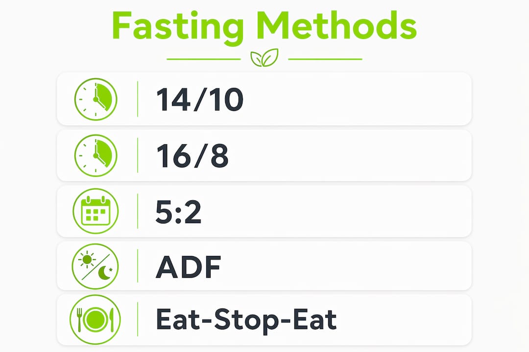 Intermittent Fasting Guide: Methods, Benefits, and Results 1 Infographic showing intermittent fasting methods in steps