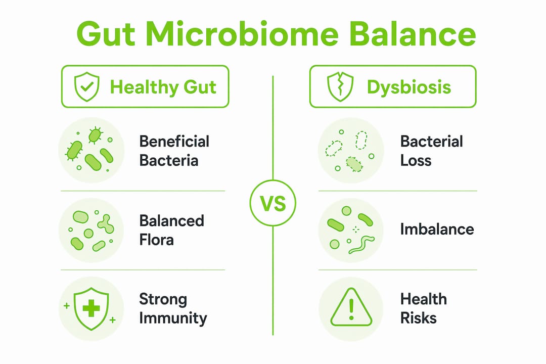 Gut Health Basics: What Your Digestion Is Telling You 2 Infographic contrasting healthy gut microbiome and dysbiosis