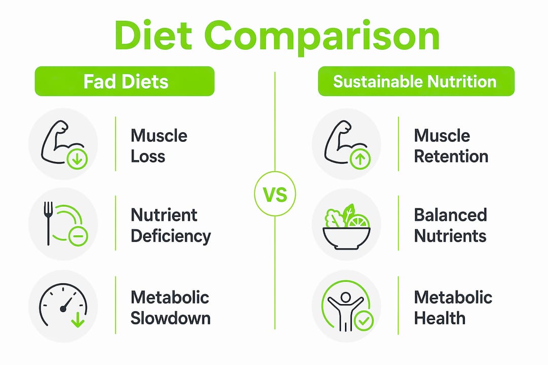 The Real Dangers of Fad Diets Your Body Pays For 2 Infographic comparing fad diets and sustainable nutrition