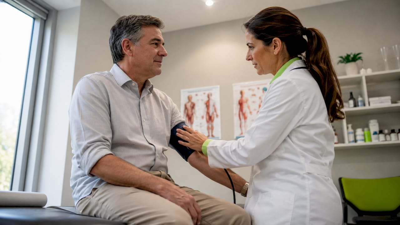 How to Set Health Goals That Actually Stick 2 Doctor measuring man's blood pressure in office