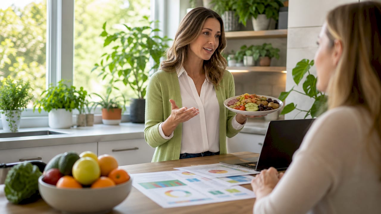 How Diet Affects Mood: What the Science Actually Says 2 Female nutritionist explaining diet impacts in consultation office