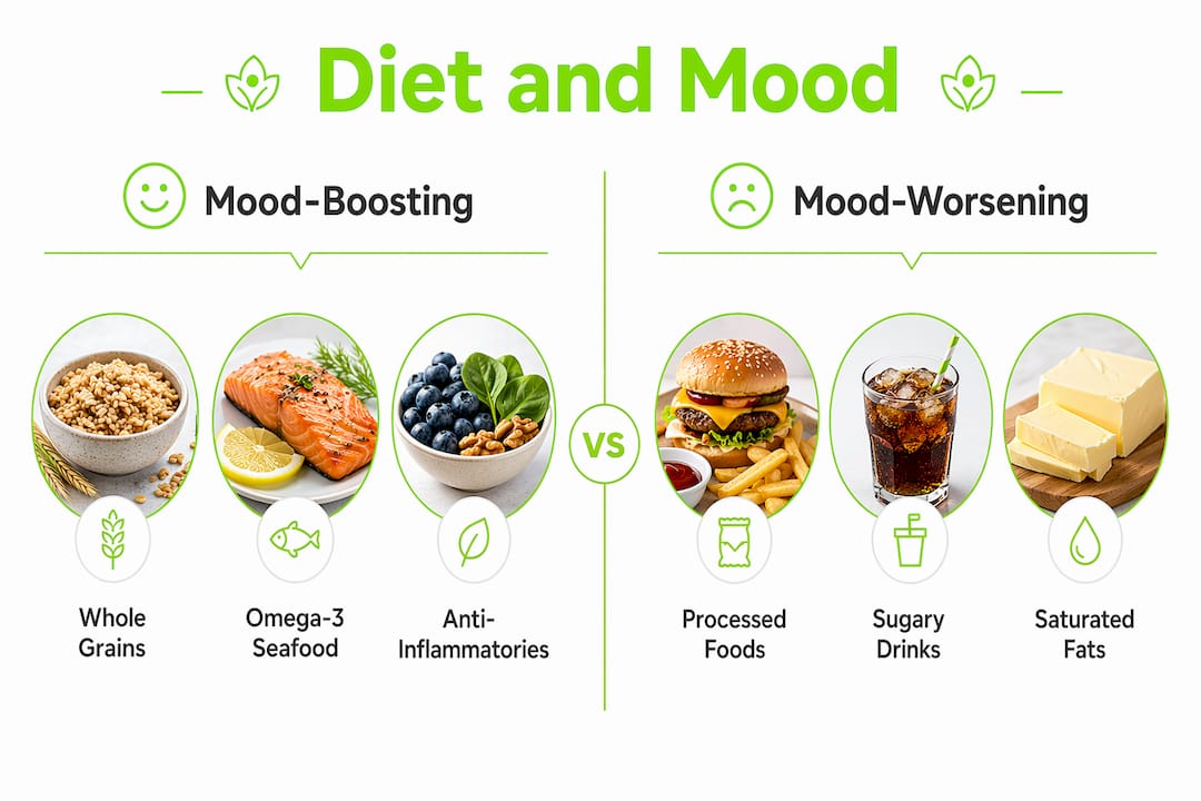 How Diet Affects Mood: What the Science Actually Says 1 Infographic comparing mood-boosting and mood-worsening foods