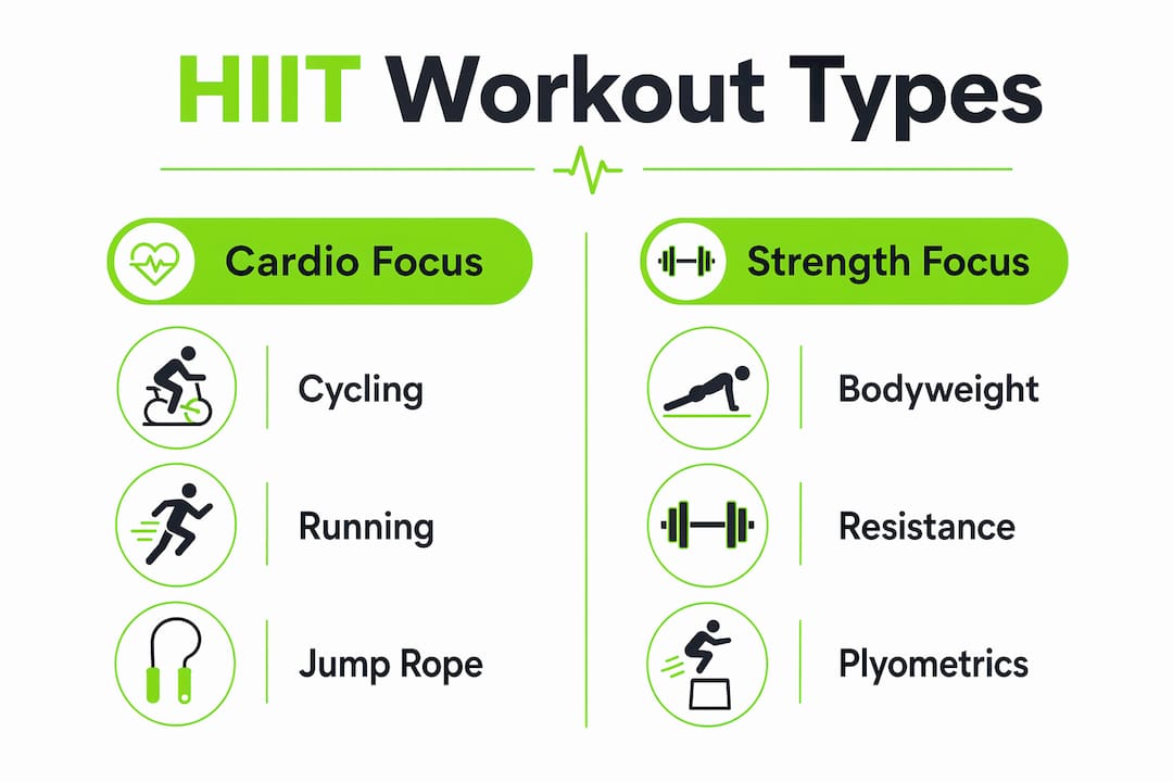 High Intensity Interval Training: Build Fitness Fast 2 Infographic comparing HIIT cardio and strength workout types