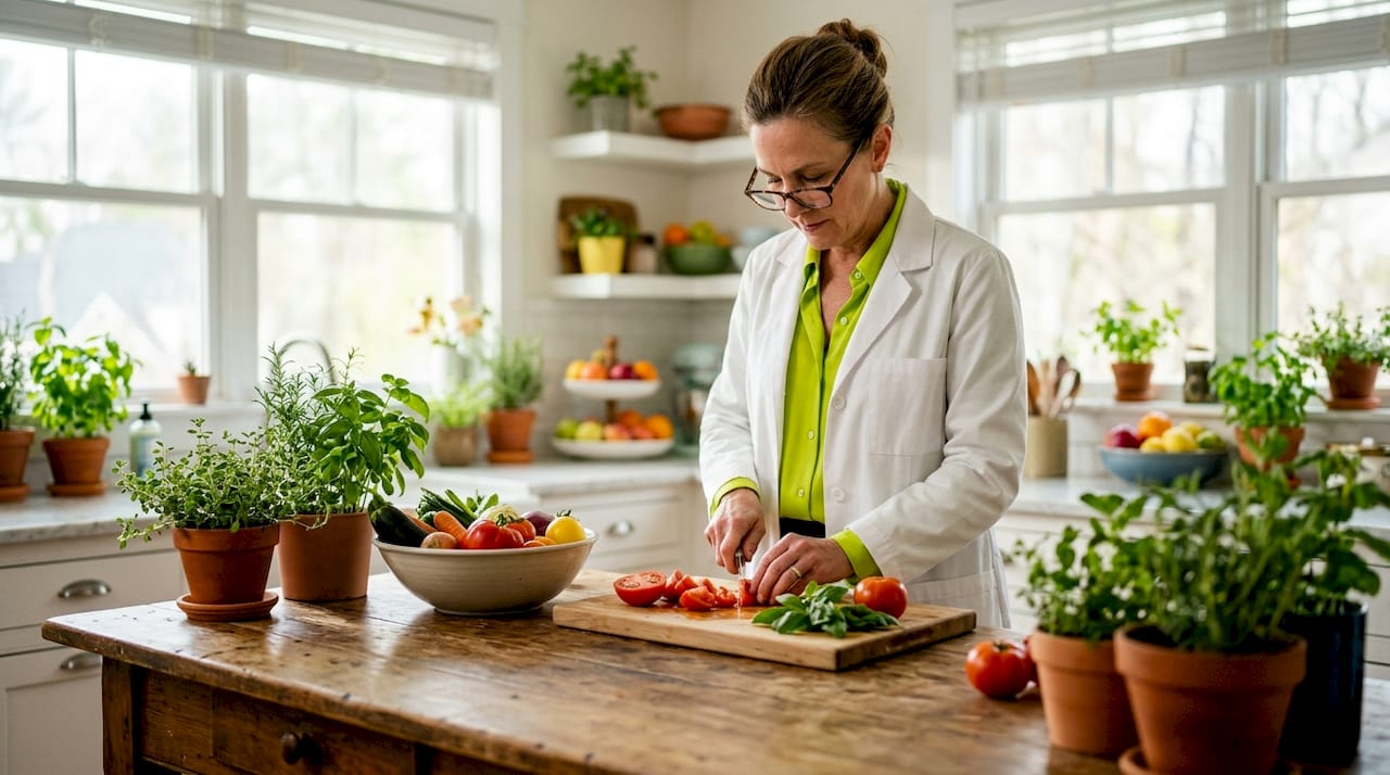 Seasonal Eating Benefits: What Your Body Actually Needs 2 Doctor preparing seasonal meal in dining room