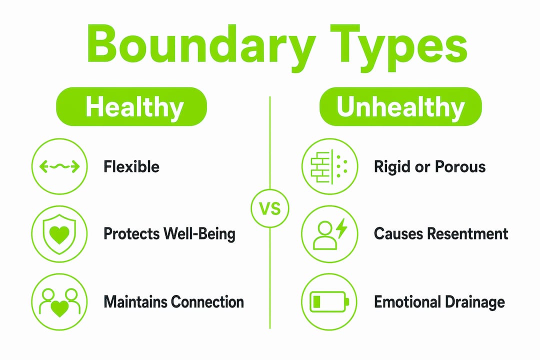 Setting Healthy Boundaries: Protect Your Well-Being 1 Infographic contrasting healthy and unhealthy boundaries