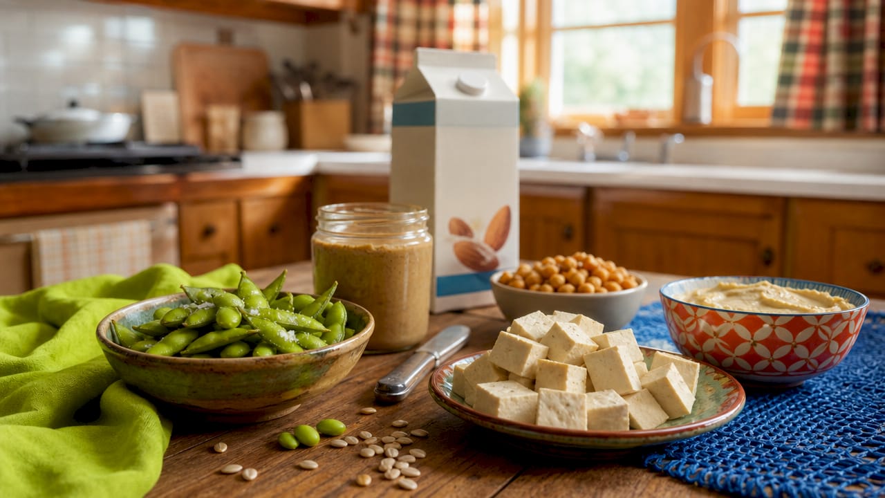 Vegan Calcium Sources: Meet Your Daily Needs in 2026 1 Overhead view of vegan calcium-rich foods on table
