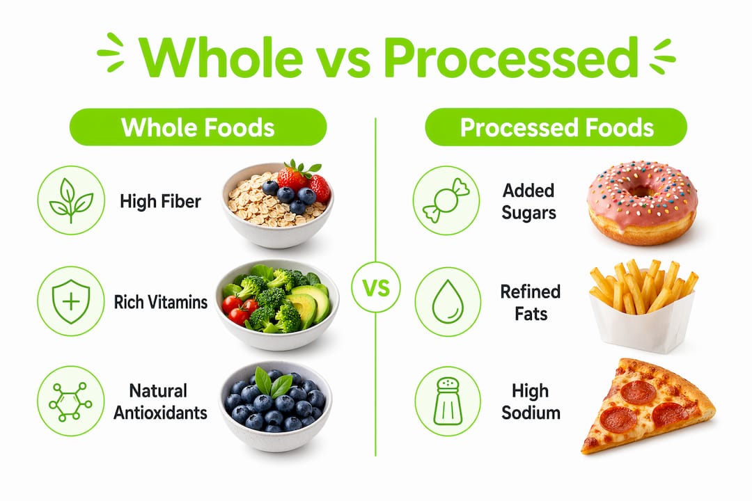 Whole Foods vs Processed Foods: What the Science Says 1 Infographic comparing whole foods and processed foods nutrition