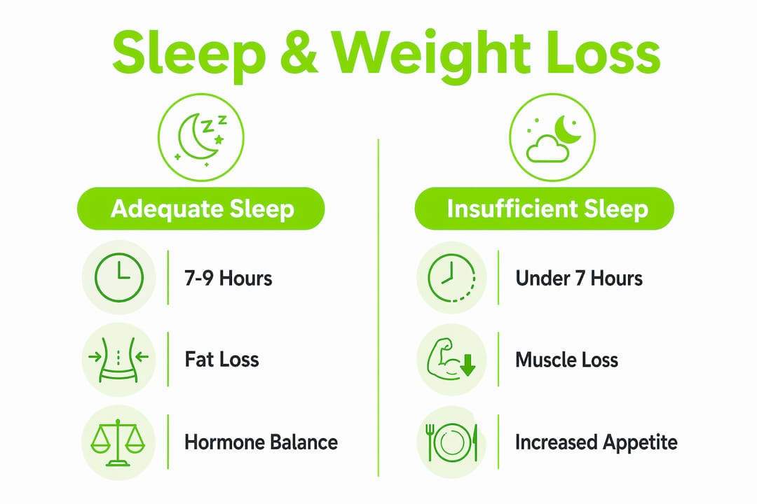 The Real Role of Sleep in Weight Loss 1 Infographic comparing effects of adequate vs. insufficient sleep on weight loss