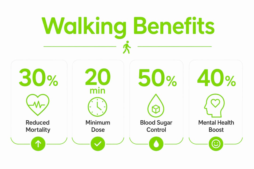 Benefits of Walking Daily: What 20 Minutes Can Do 2 Infographic displaying key health benefits of daily walking