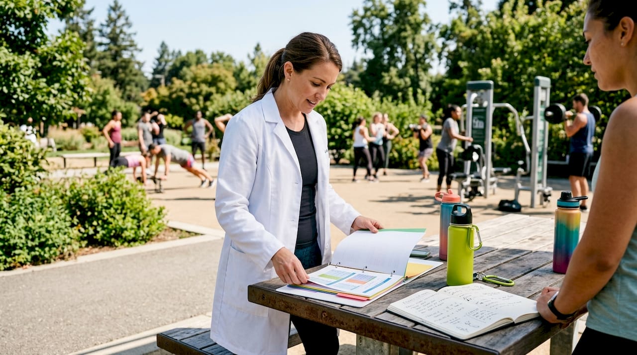 Real Benefits of Group Fitness for Body and Mind 1 Female doctor reviewing fitness plans in medical office