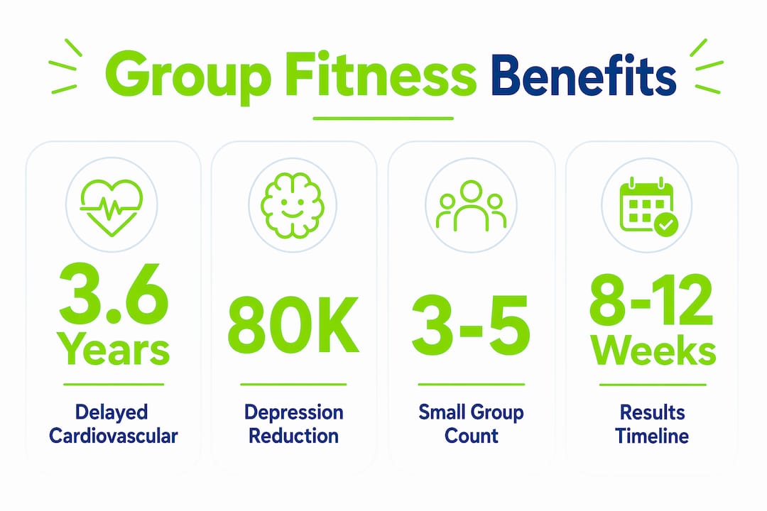 Real Benefits of Group Fitness for Body and Mind 2 Infographic with key statistics on group fitness benefits
