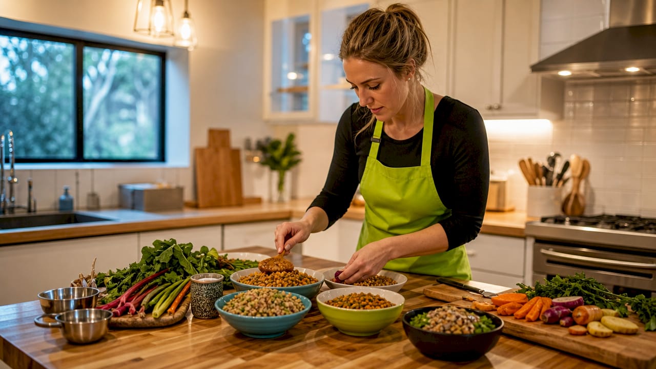 Whole Foods vs Processed: What the Science Actually Says 2 Woman cooking whole grains and legumes in kitchen
