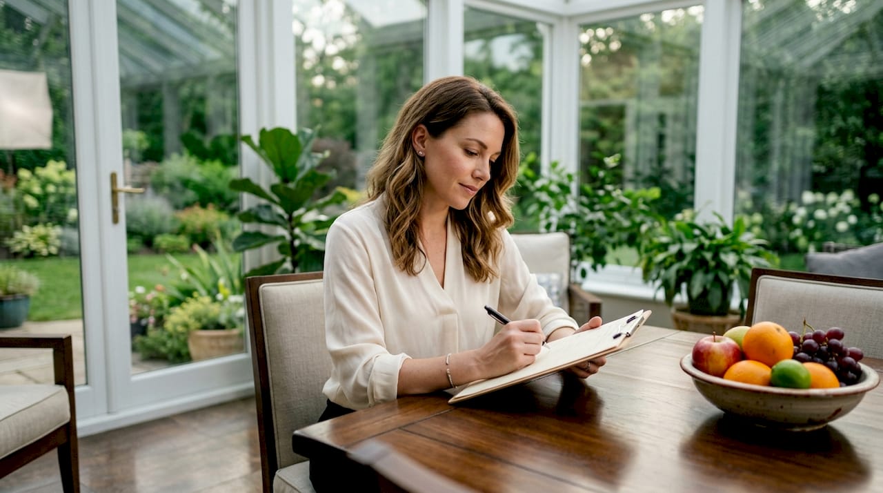 Stop Emotional Eating: Retrain Your Brain, Not Your Willpower 2 American woman filling mood diary in home library