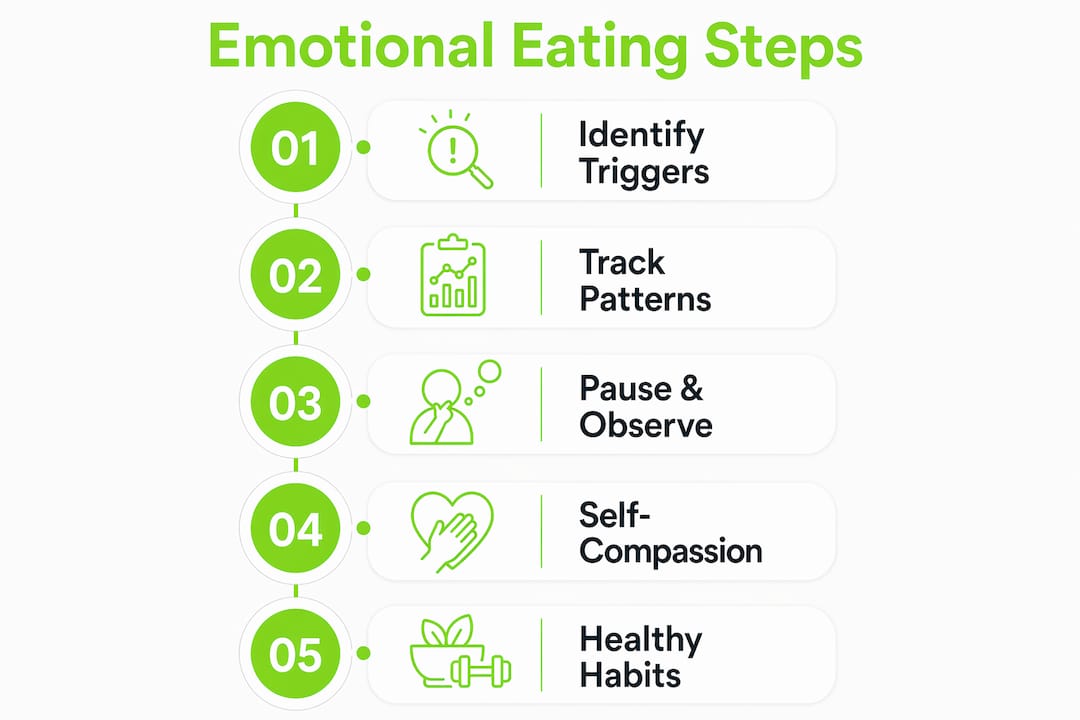 Stop Emotional Eating: Retrain Your Brain, Not Your Willpower 1 Infographic outlining steps to manage emotional eating