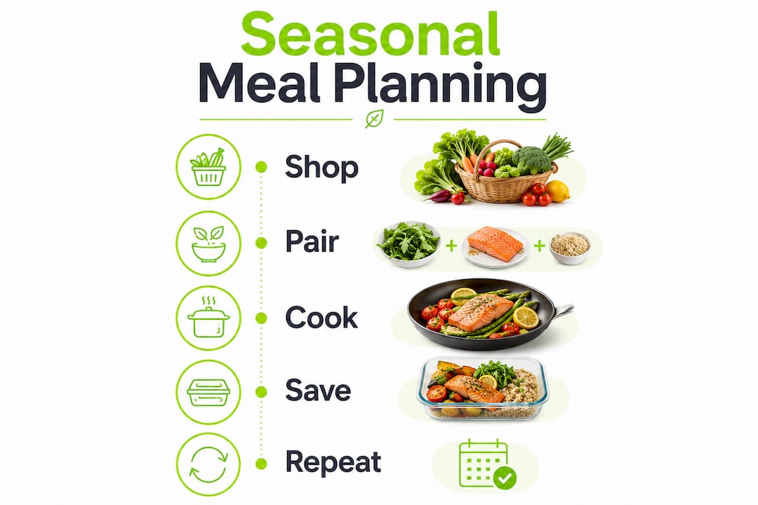 Seasonal Produce Guide: Eat Better, Spend Less 1 Infographic illustrating seasonal meal planning steps