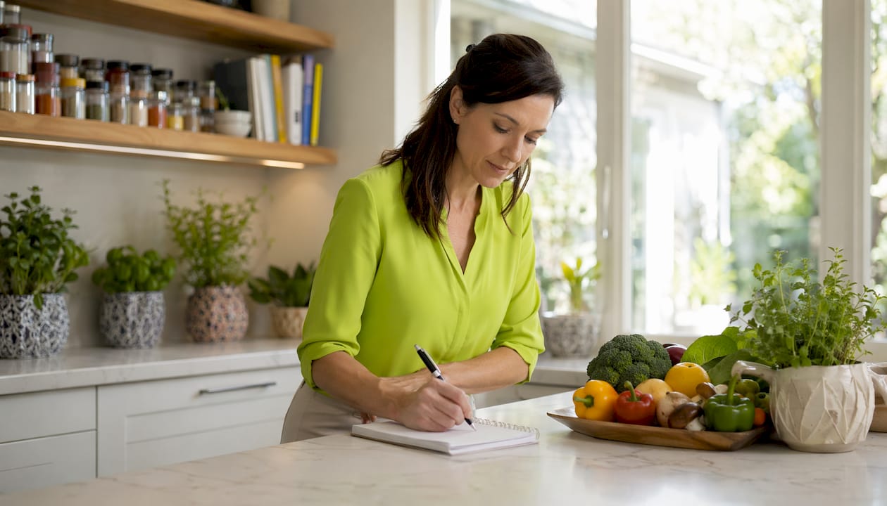 Transitioning to Veganism: A Beginner's Practical Playbook 2 Female dietitian writing vegan meal plan in clinic