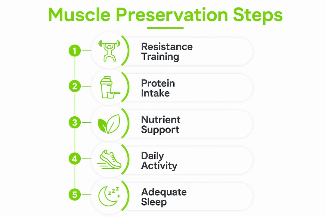 Stop Losing Muscle: Proven Strategies That Actually Work 3 Infographic outlining key muscle preservation steps
