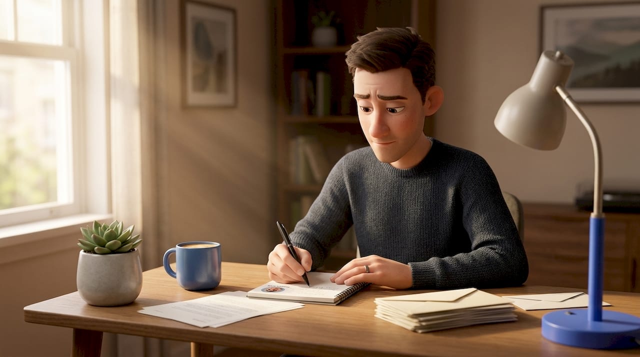 Man prepares notes at kitchen table for support