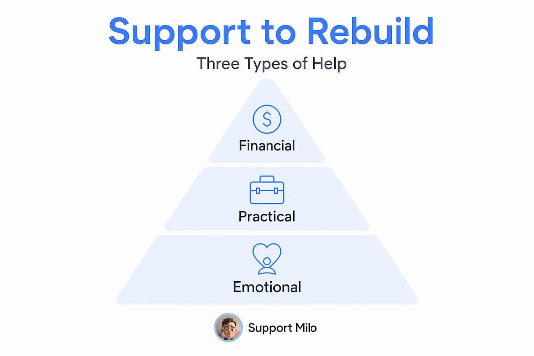 Hierarchy infographic: emotional, practical, financial support types