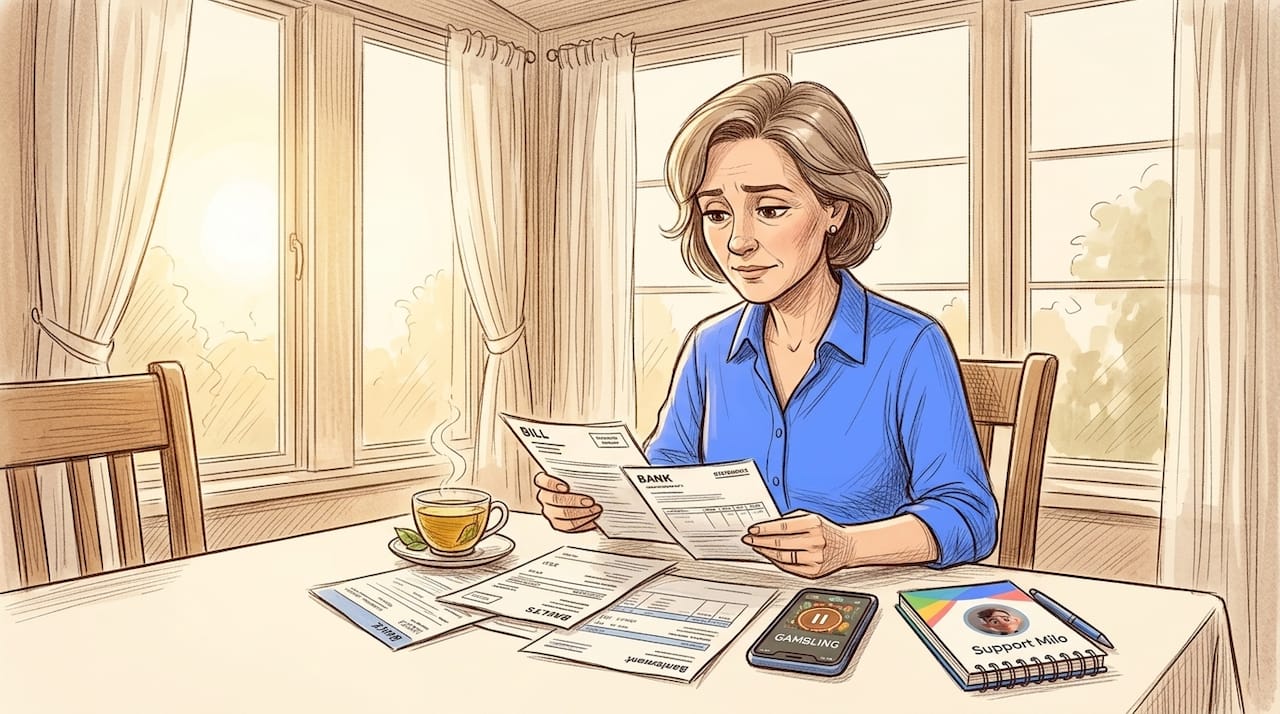 Woman reviewing bills at home kitchen table