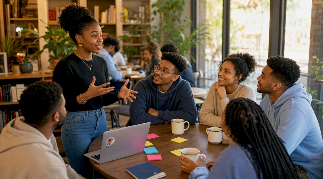 Woman sharing financial story in community group