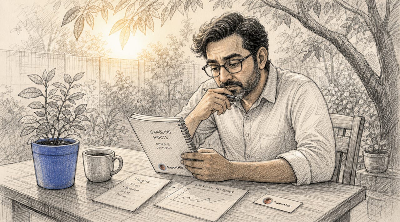 Man reviewing gambling-related papers at home desk