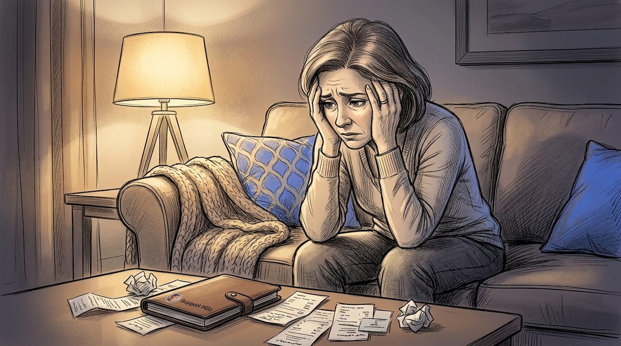 Woman distressed at kitchen table