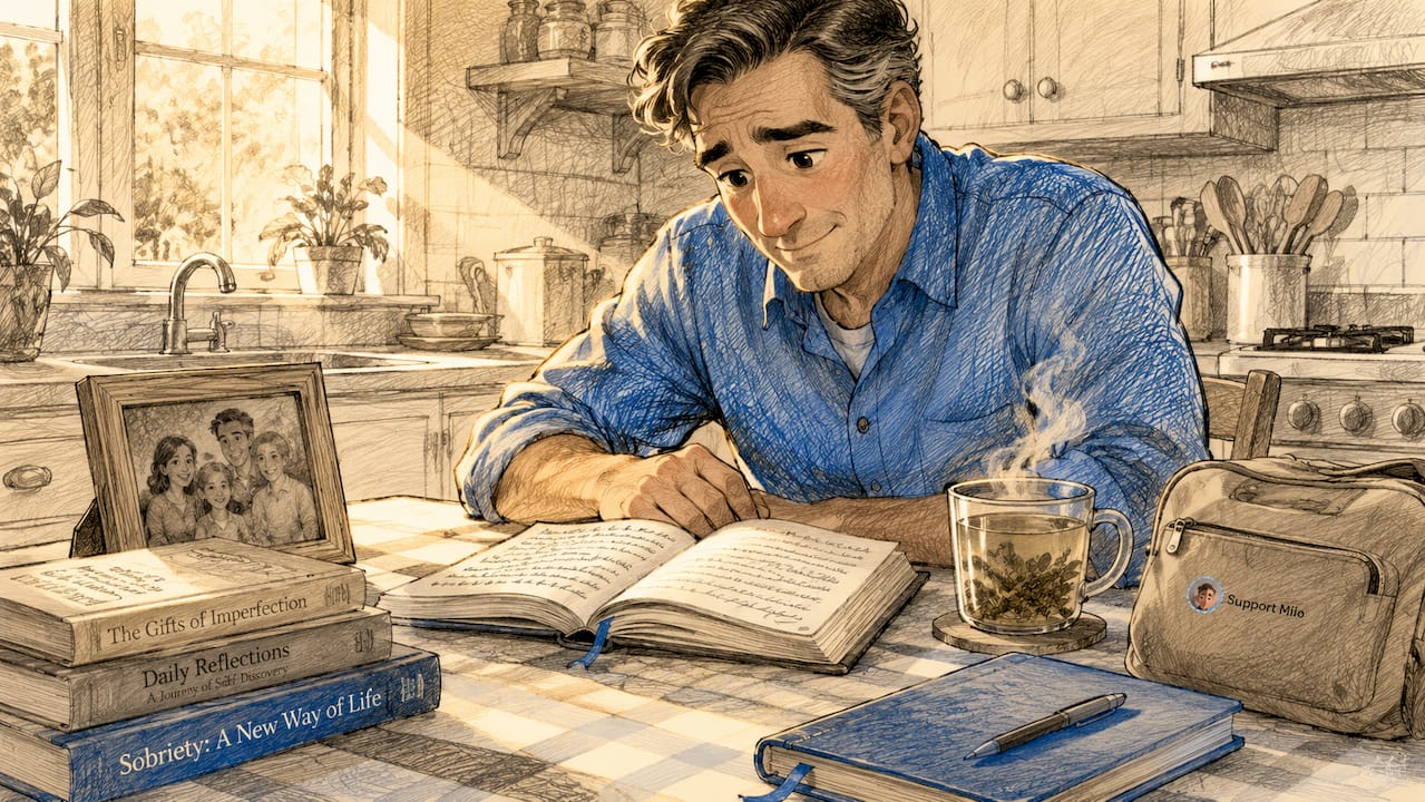 Man reflecting on recovery progress at desk