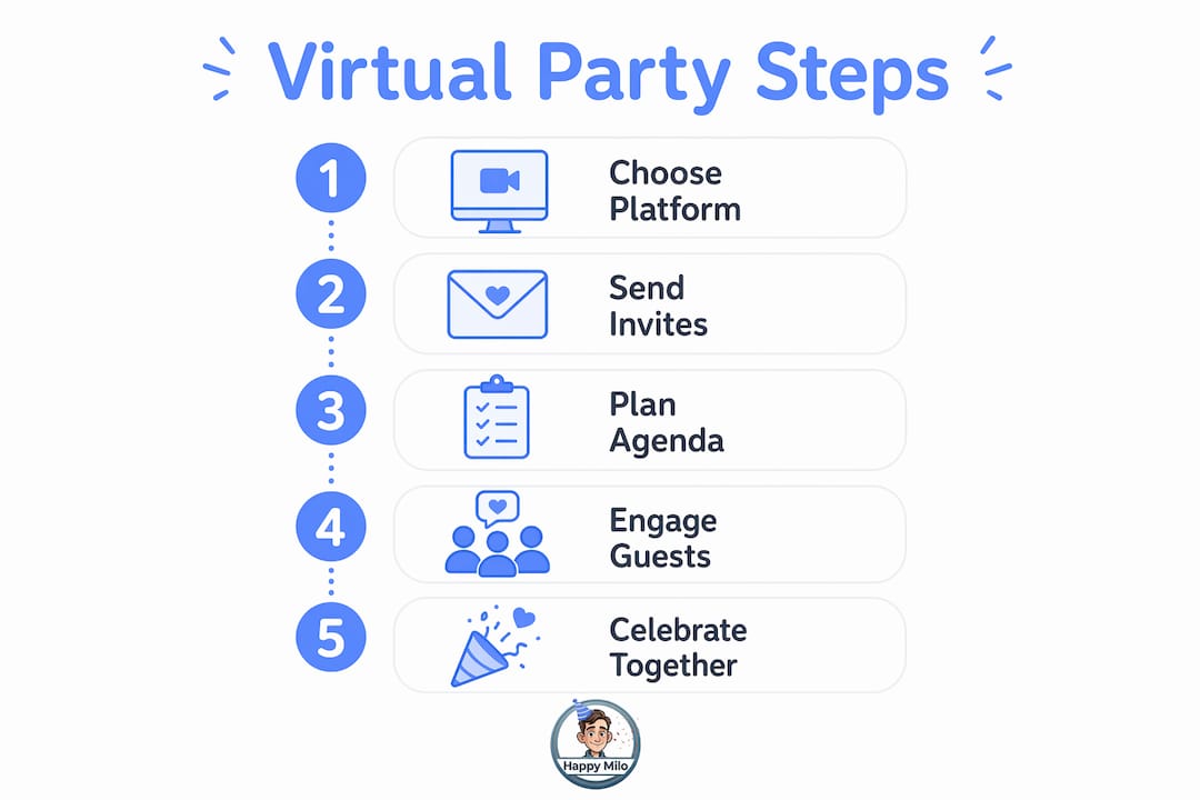 Infographic showing steps for virtual birthday party organization