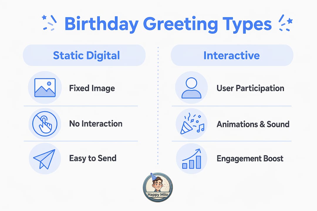 Infographic comparing static and interactive birthday greetings