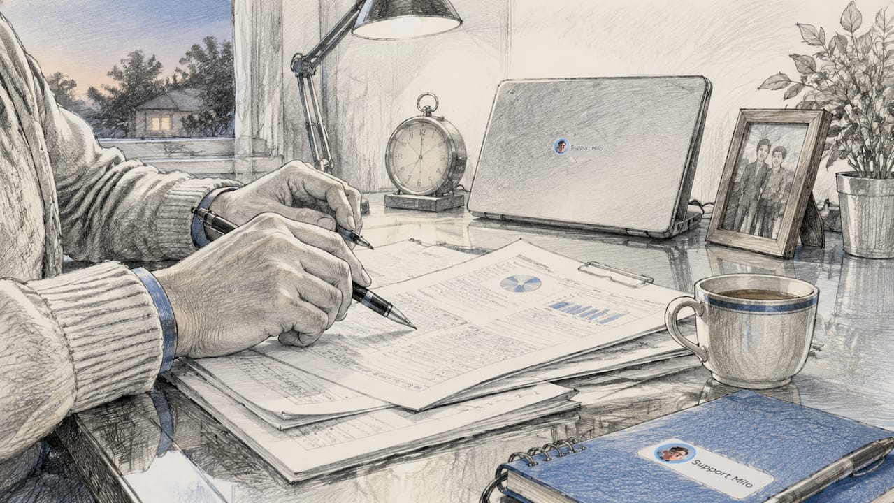 Hands reviewing financial documents at home desk