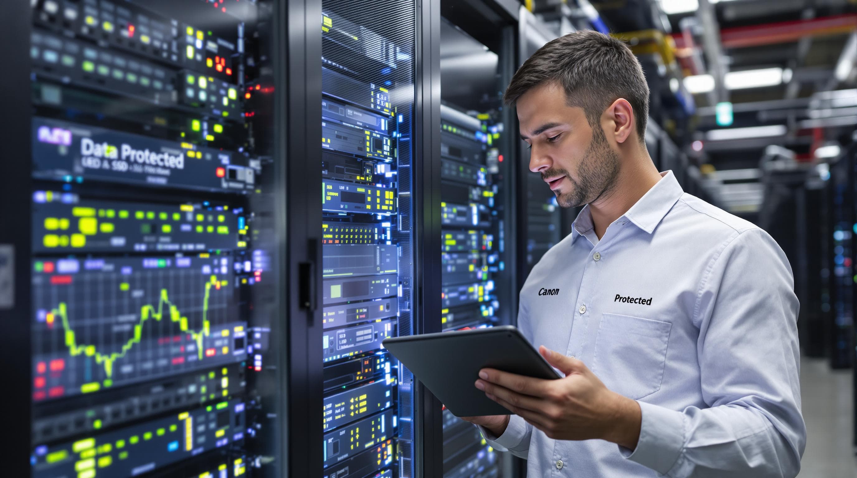 Technician monitors SSD server reliability and data protection on digital tablet