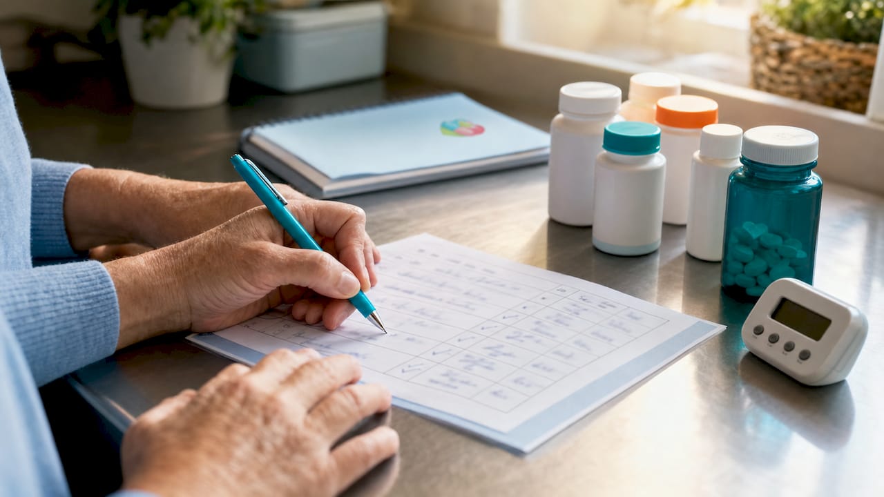 Hands completing medication checklist close-up