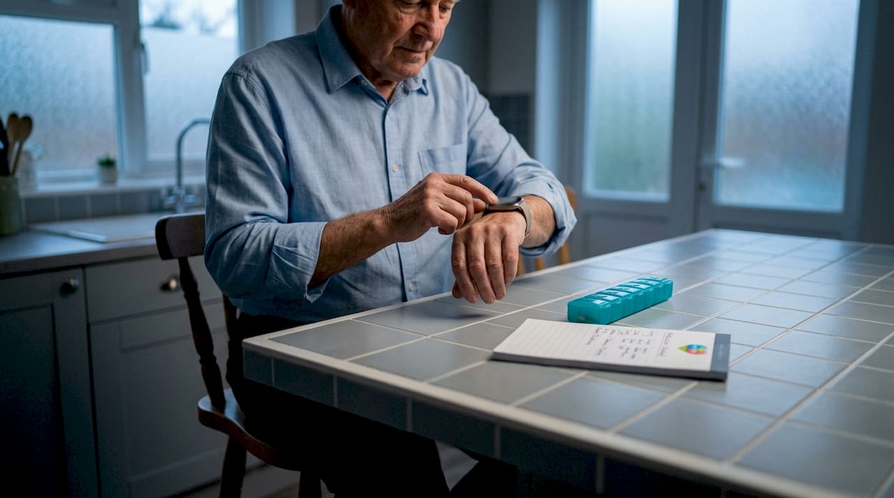 Elderly man interacting with wearable medication reminder device