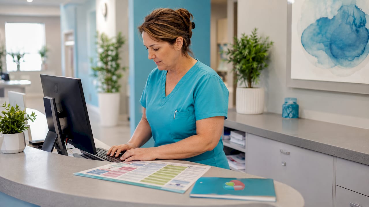 Healthcare professional documenting medication history at nurse station