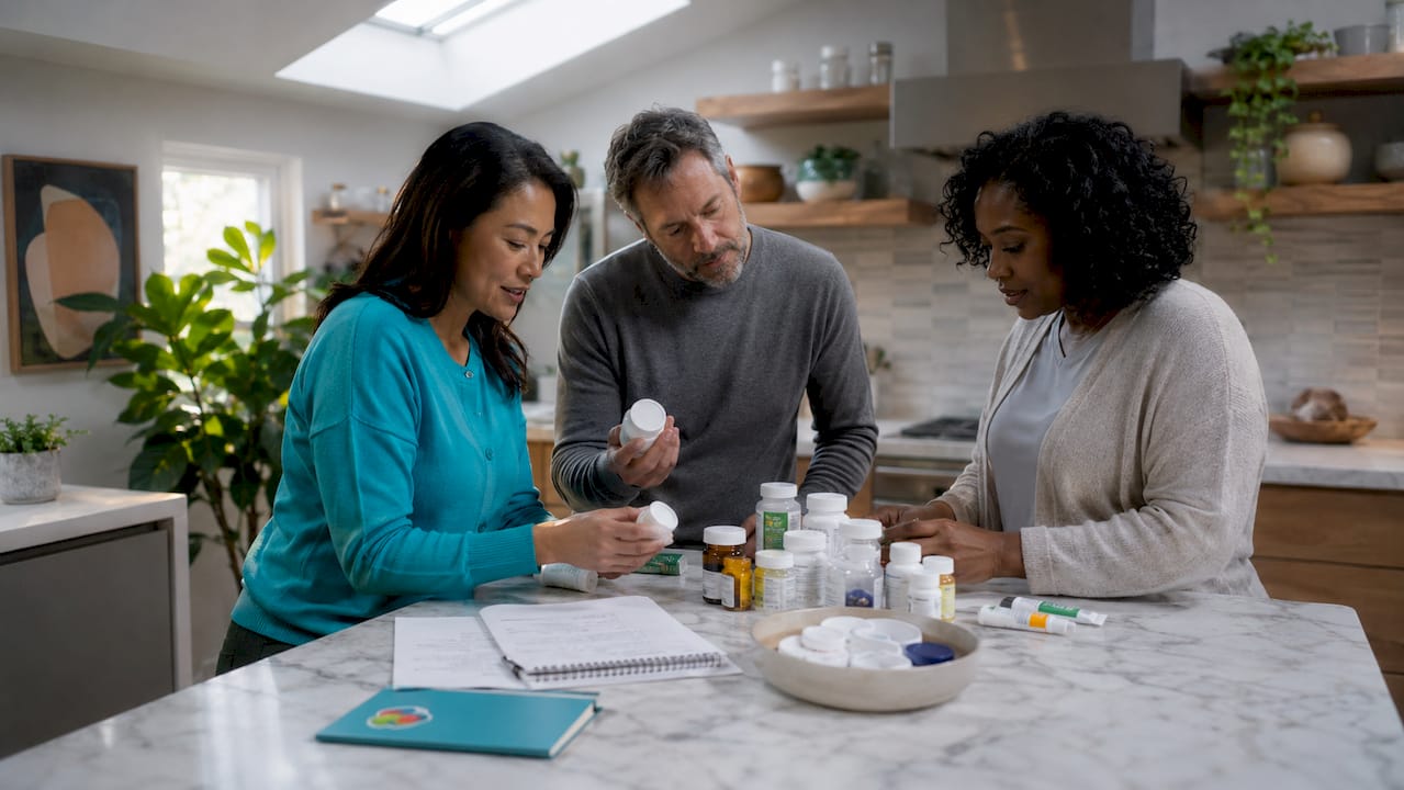 Hands organizing diverse medication and supplements
