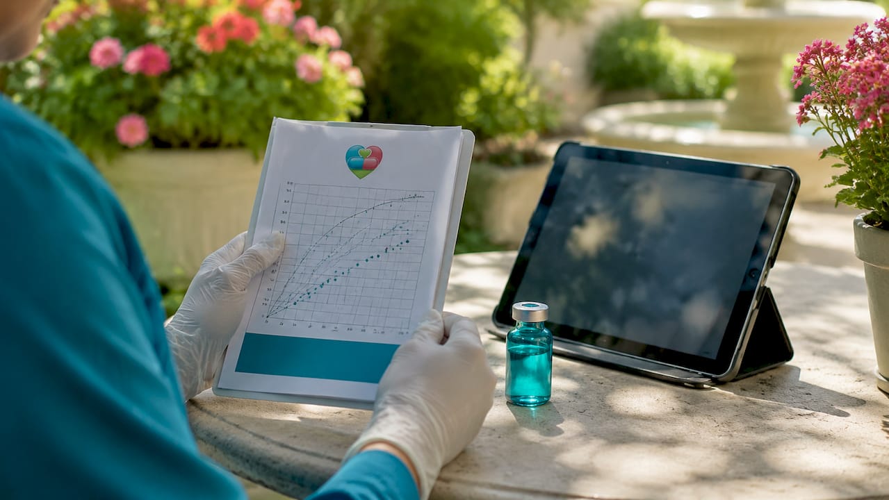 Hands managing pediatric medication lab data