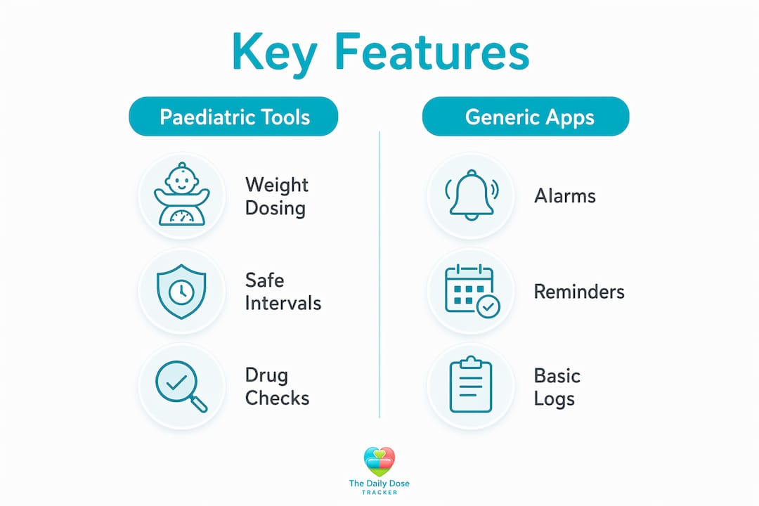 Infographic comparing pediatric vs generic medication app features