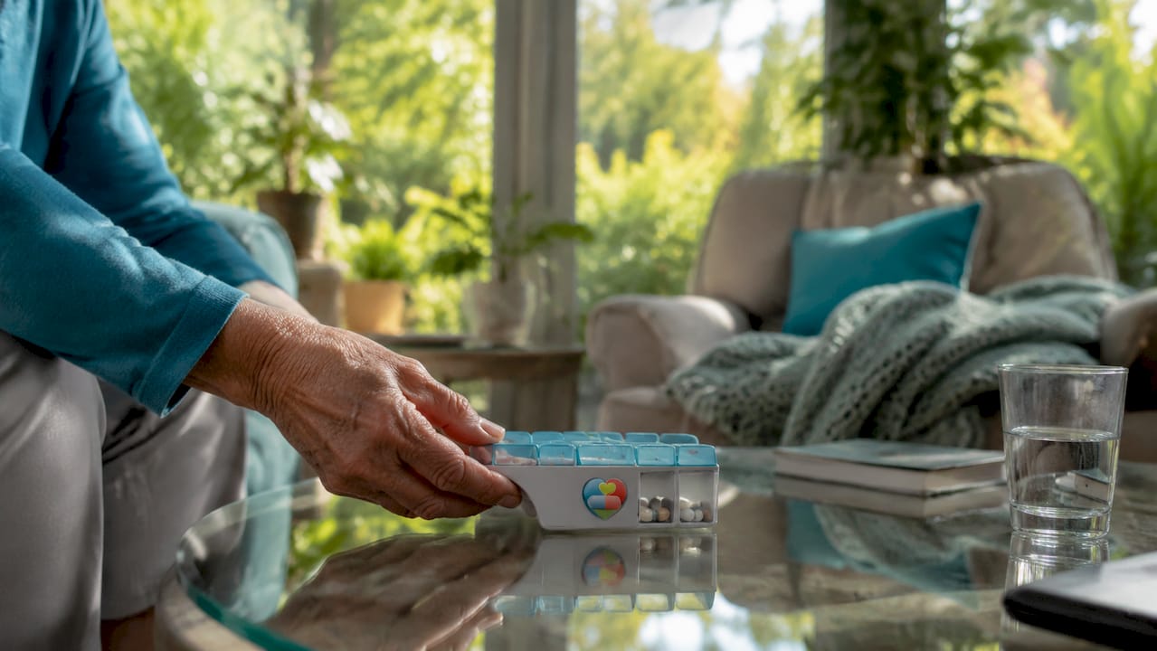 Hand placing medication tray with reminder