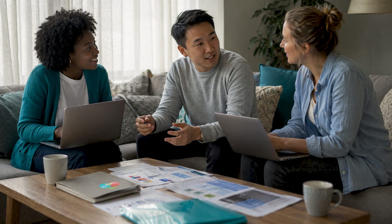 Group discussing medication app comparisons at office table