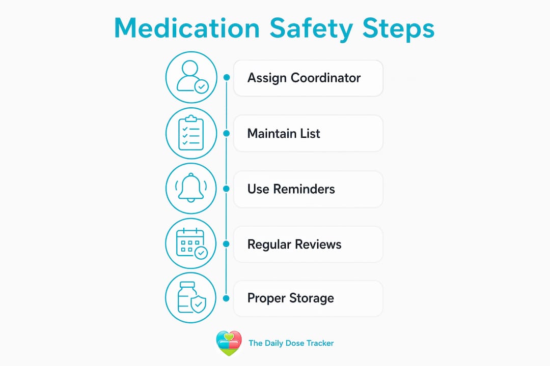 Infographic illustrating five steps for medication safety