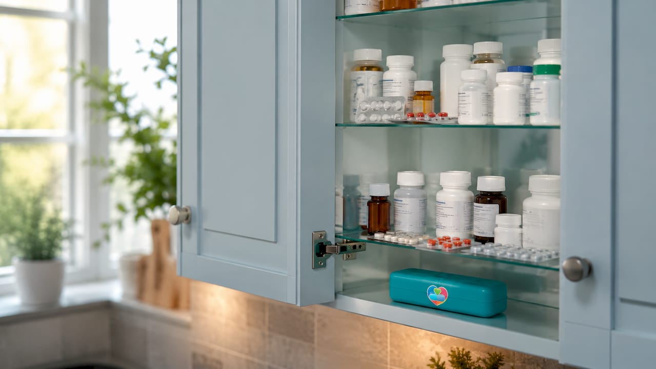 Neatly stored medicines in locked home medicine cabinet