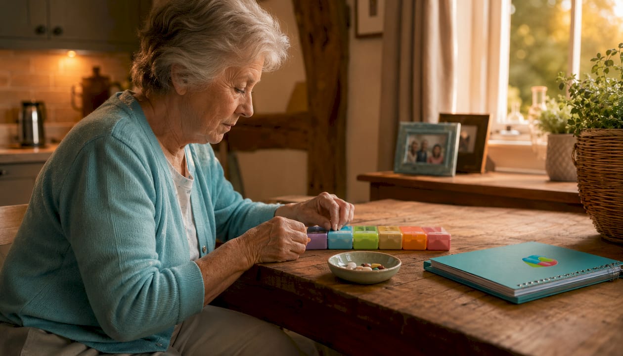 Elderly woman organizing pill boxes and reminders