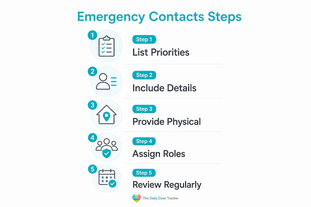 Infographic illustrating steps for emergency contacts in medication plan
